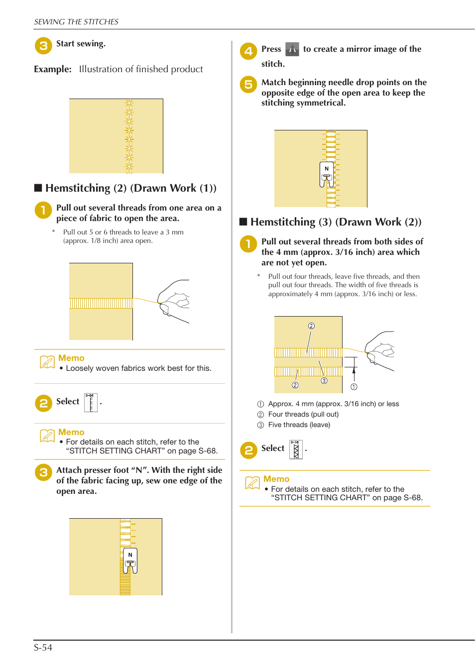 Hemstitching (2) (drawn work (1)), Hemstitching (3) (drawn work (2)) | Baby Lock Crescendo (BLCR) Instruction and Reference Guide User Manual | Page 128 / 216