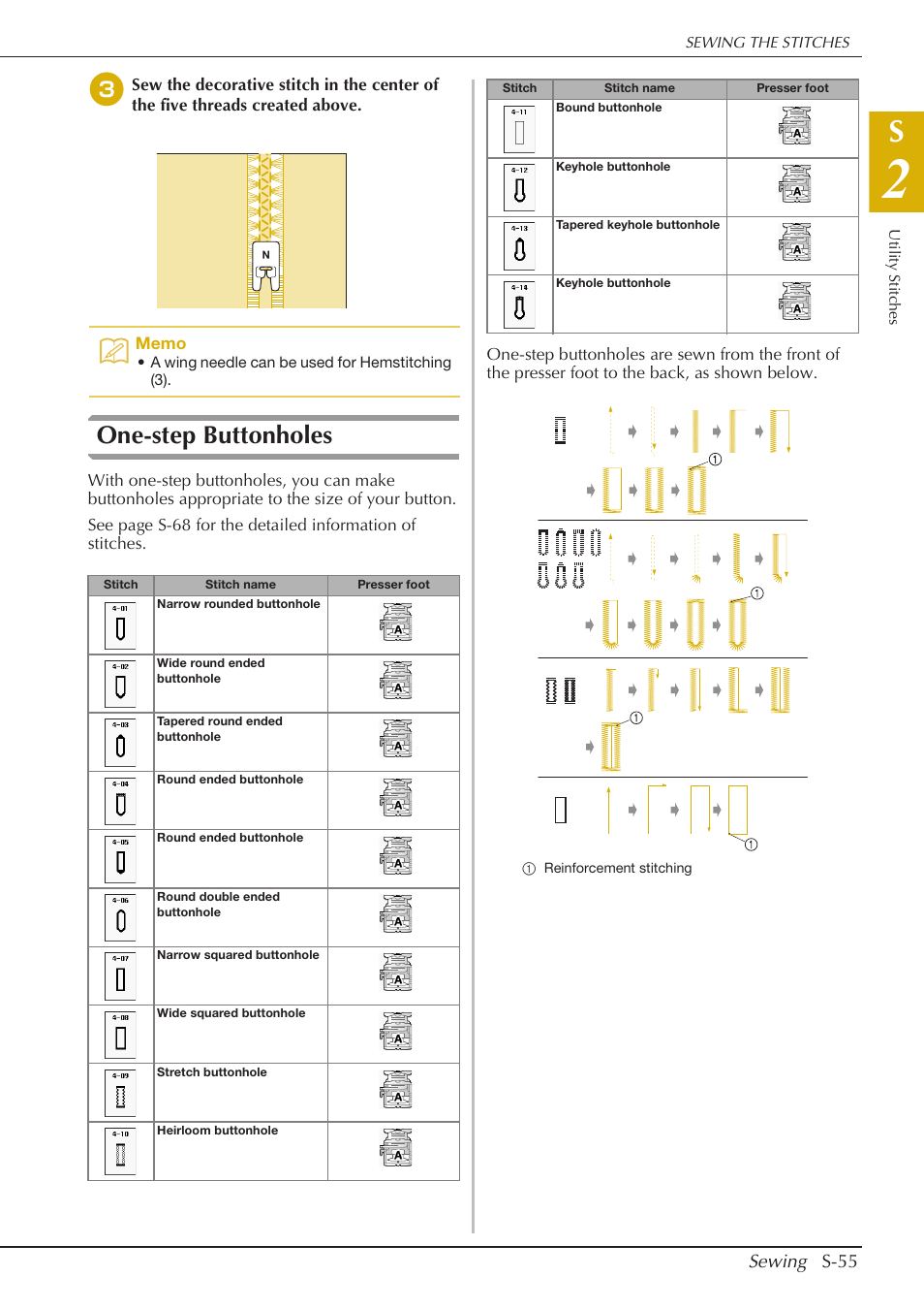One-step buttonholes | Baby Lock Crescendo (BLCR) Instruction and Reference Guide User Manual | Page 129 / 216