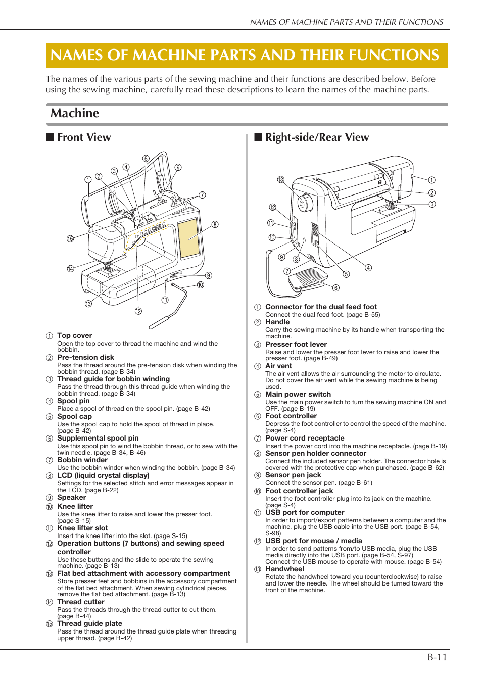 Names of machine parts and their functions, Machine, Front view | Right-side/rear view, B-11 | Baby Lock Crescendo (BLCR) Instruction and Reference Guide User Manual | Page 13 / 216