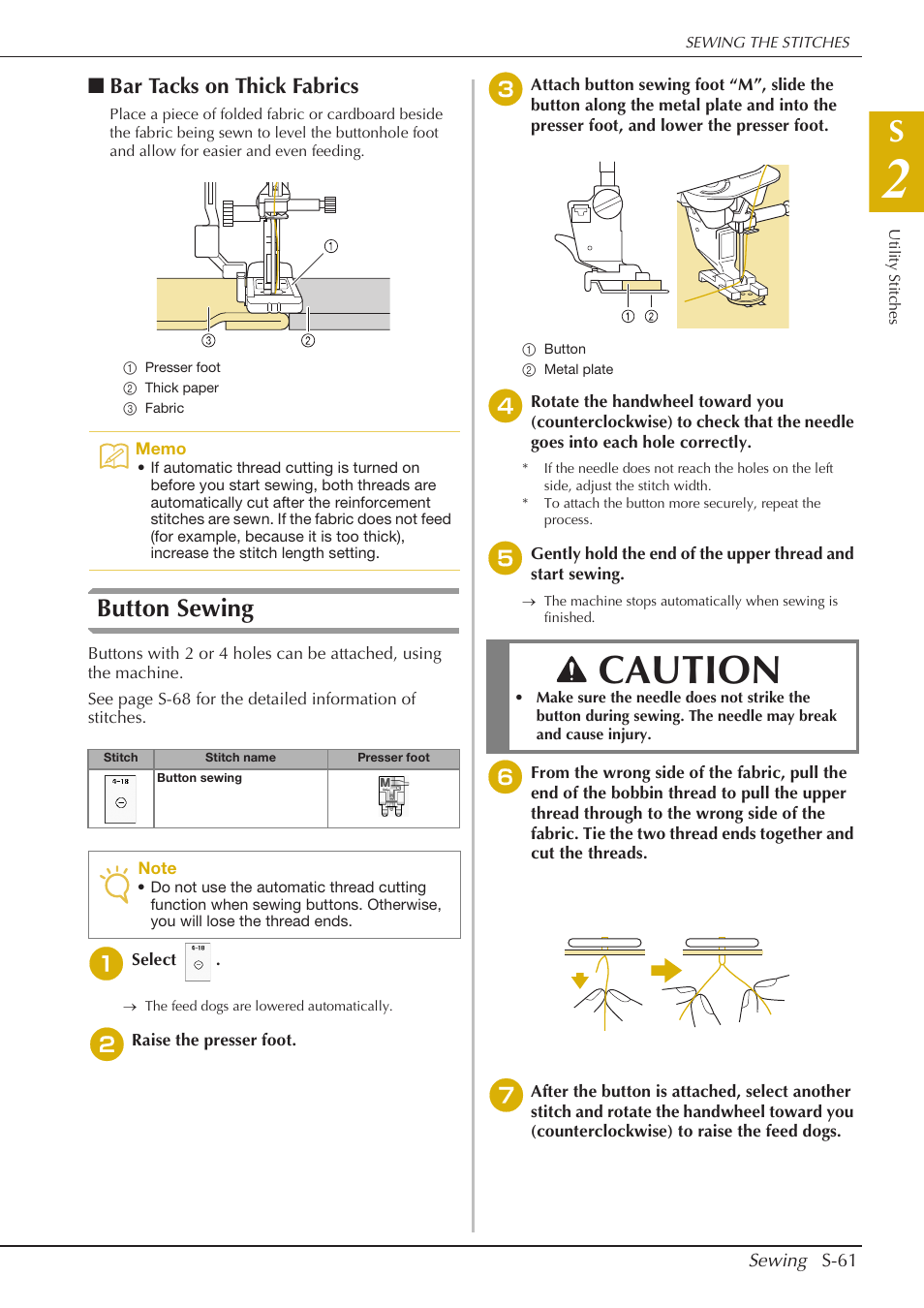 Caution, Button sewing, Bar tacks on thick fabrics | Baby Lock Crescendo (BLCR) Instruction and Reference Guide User Manual | Page 135 / 216