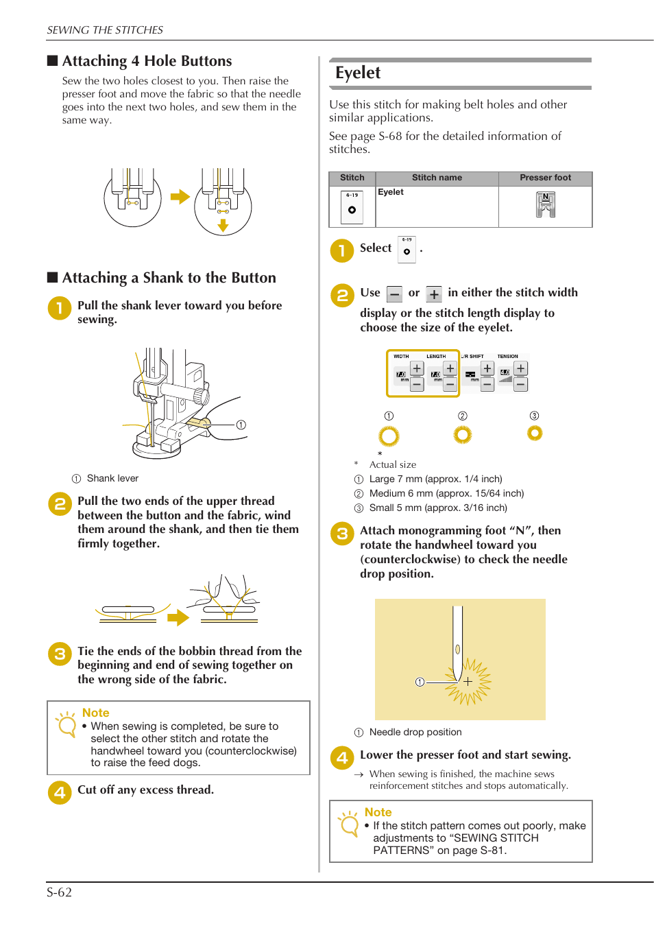 Eyelet, Attaching 4 hole buttons, Attaching a shank to the button | Baby Lock Crescendo (BLCR) Instruction and Reference Guide User Manual | Page 136 / 216