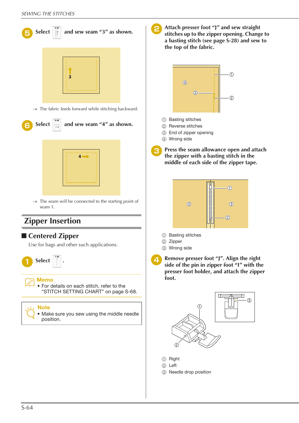 Zipper insertion, Centered zipper | Baby Lock Crescendo (BLCR) Instruction and Reference Guide User Manual | Page 138 / 216