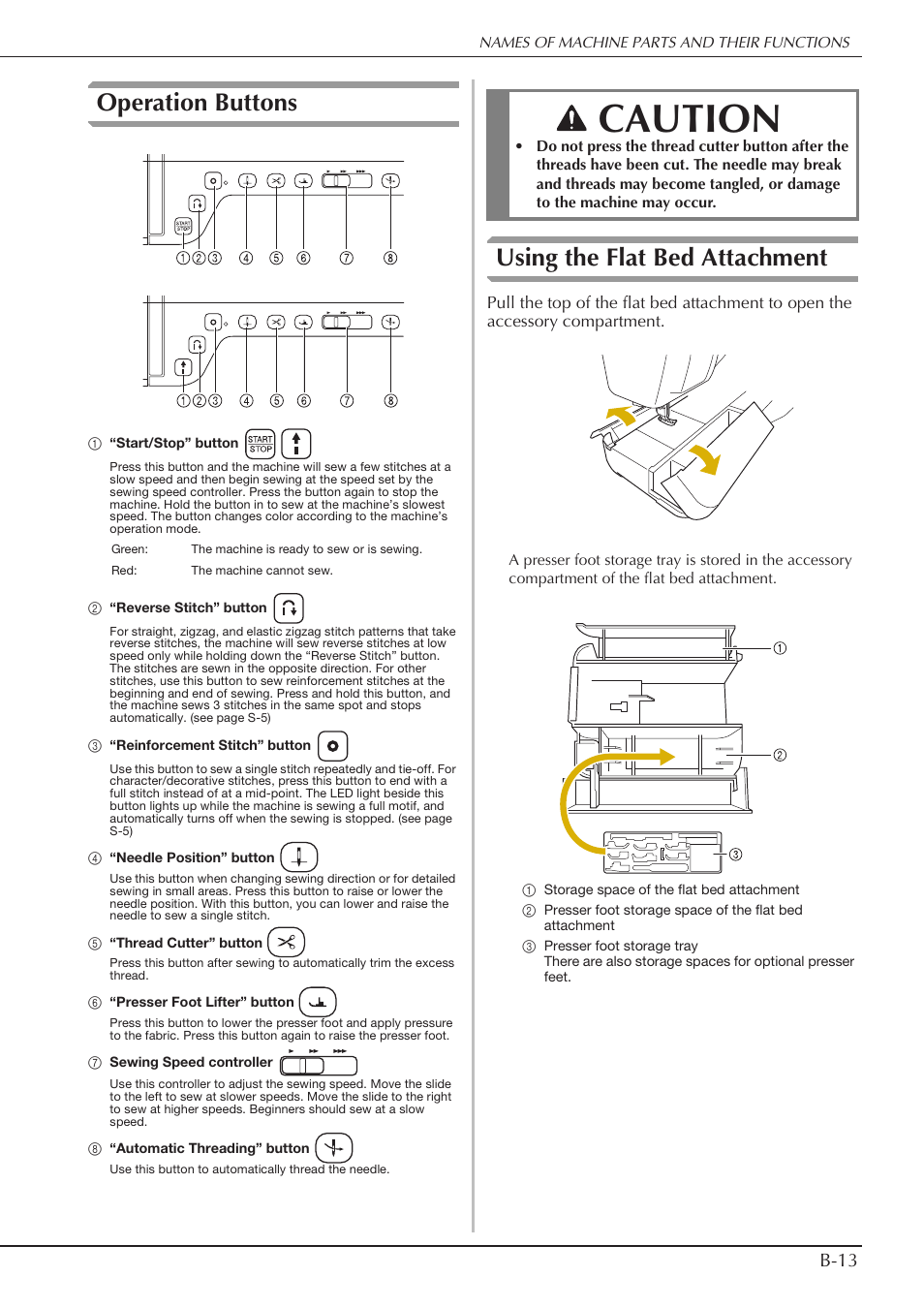 Caution, Operation buttons, Using the flat bed attachment | B-13 | Baby Lock Crescendo (BLCR) Instruction and Reference Guide User Manual | Page 15 / 216