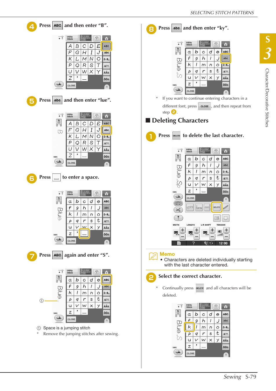 Deleting characters | Baby Lock Crescendo (BLCR) Instruction and Reference Guide User Manual | Page 153 / 216