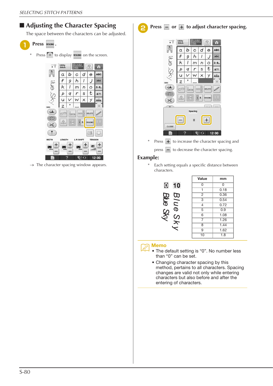 Adjusting the character spacing, S-80, Example | Baby Lock Crescendo (BLCR) Instruction and Reference Guide User Manual | Page 154 / 216