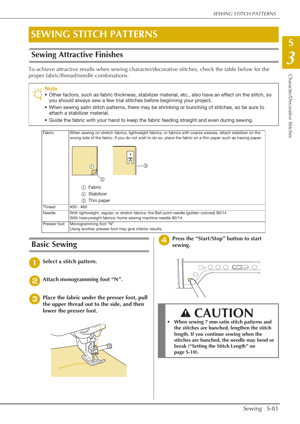 Caution, Sewing stitch patterns, Sewing attractive finishes | Basic sewing | Baby Lock Crescendo (BLCR) Instruction and Reference Guide User Manual | Page 155 / 216