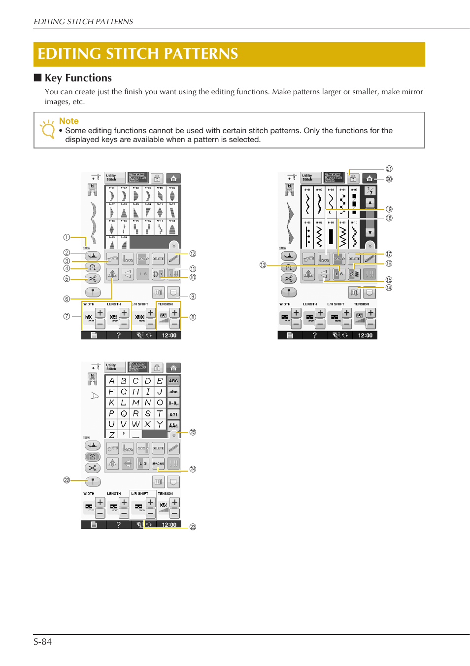 Editing stitch patterns, Key functions, S-84 | Baby Lock Crescendo (BLCR) Instruction and Reference Guide User Manual | Page 158 / 216