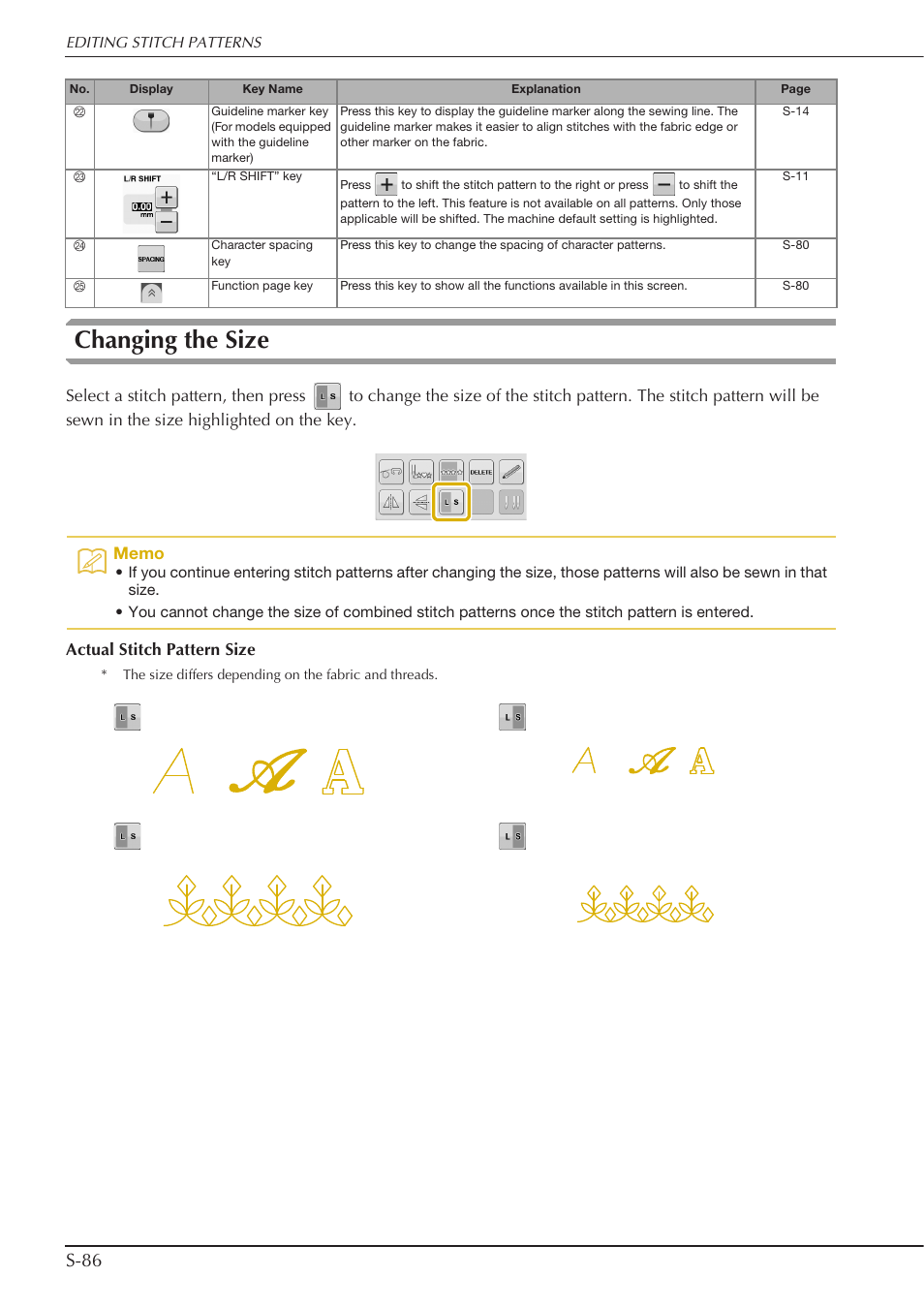 Changing the size, S-86 | Baby Lock Crescendo (BLCR) Instruction and Reference Guide User Manual | Page 160 / 216