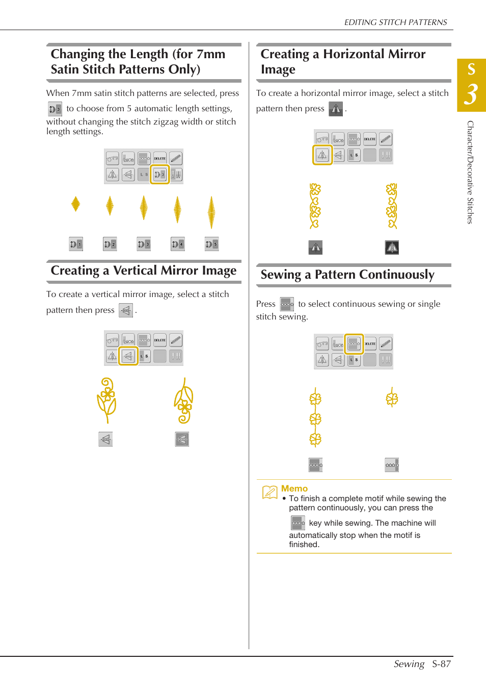 Creating a vertical mirror image, Creating a horizontal mirror image, Sewing a pattern continuously | Baby Lock Crescendo (BLCR) Instruction and Reference Guide User Manual | Page 161 / 216