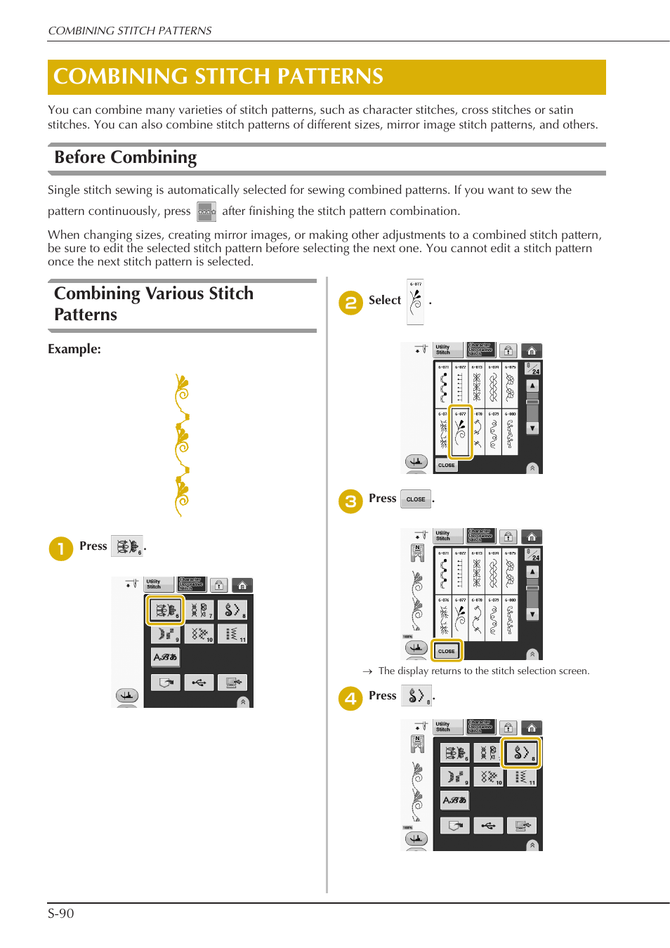 Combining stitch patterns, Before combining, Combining various stitch patterns | Baby Lock Crescendo (BLCR) Instruction and Reference Guide User Manual | Page 164 / 216