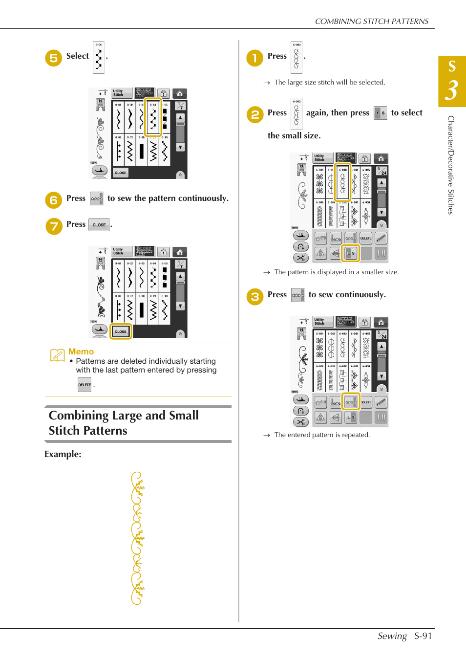 Combining large and small stitch patterns | Baby Lock Crescendo (BLCR) Instruction and Reference Guide User Manual | Page 165 / 216