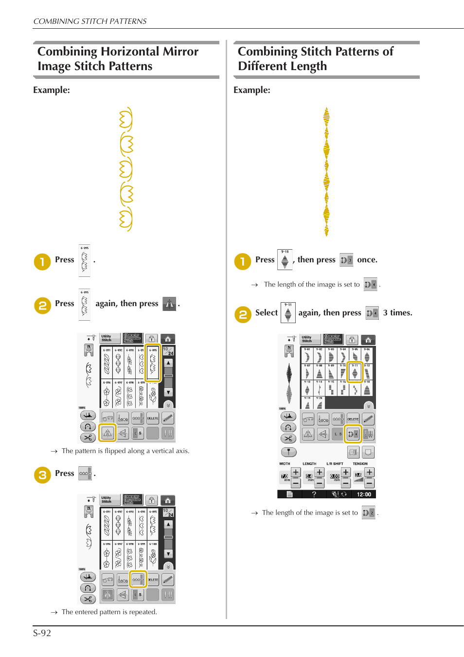 Combining horizontal mirror image stitch patterns, Combining stitch patterns of different length | Baby Lock Crescendo (BLCR) Instruction and Reference Guide User Manual | Page 166 / 216