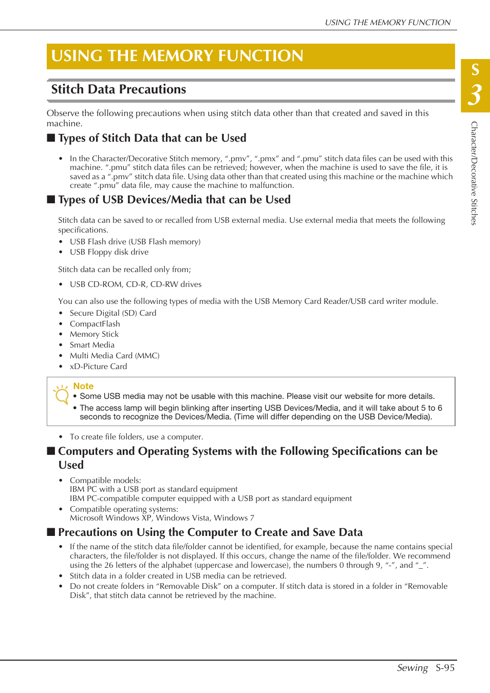 Stitch data precautions, Types of stitch data that can be used, Types of usb devices/media that can be used | Baby Lock Crescendo (BLCR) Instruction and Reference Guide User Manual | Page 169 / 216