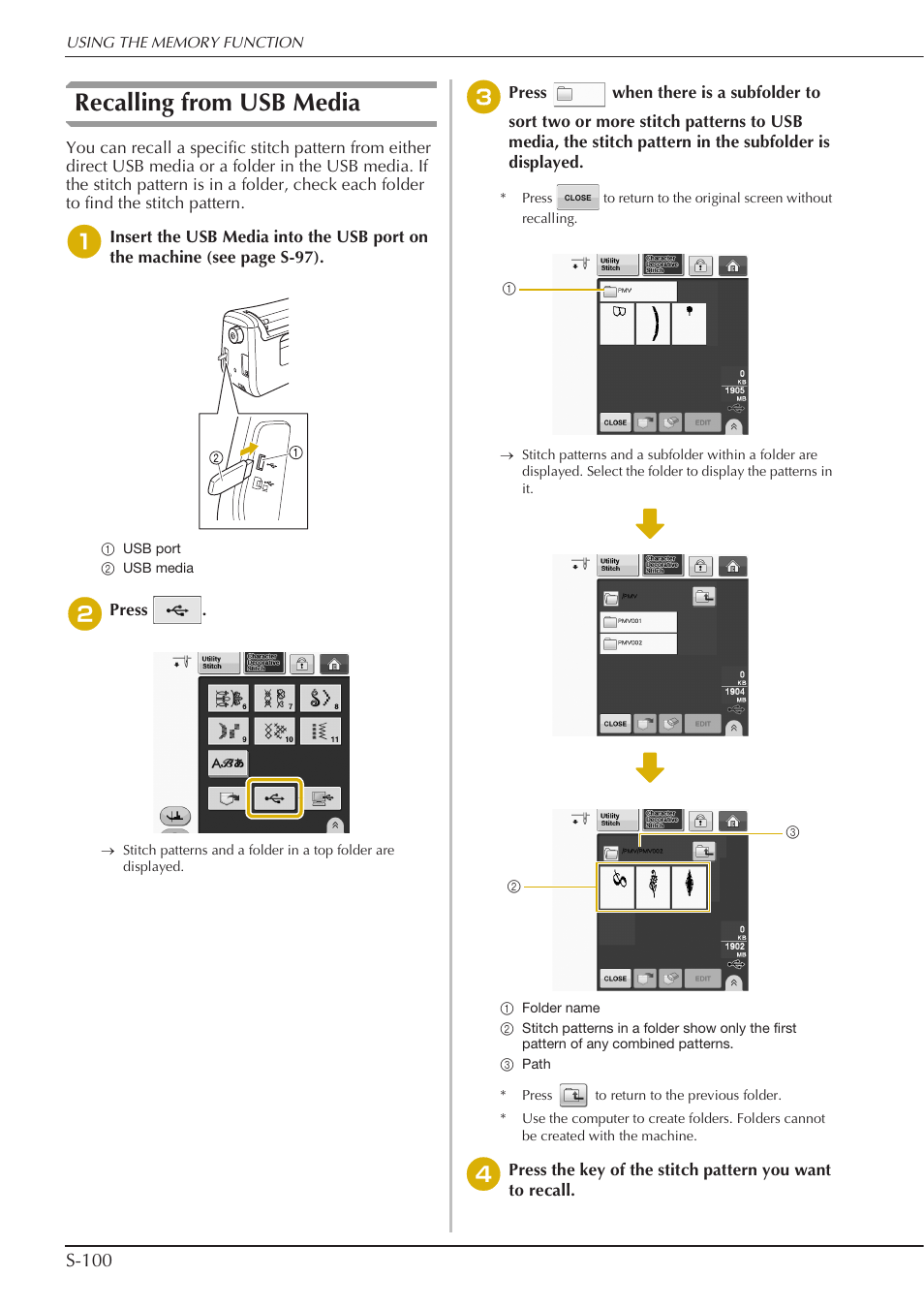 Recalling from usb media, S-100 | Baby Lock Crescendo (BLCR) Instruction and Reference Guide User Manual | Page 174 / 216