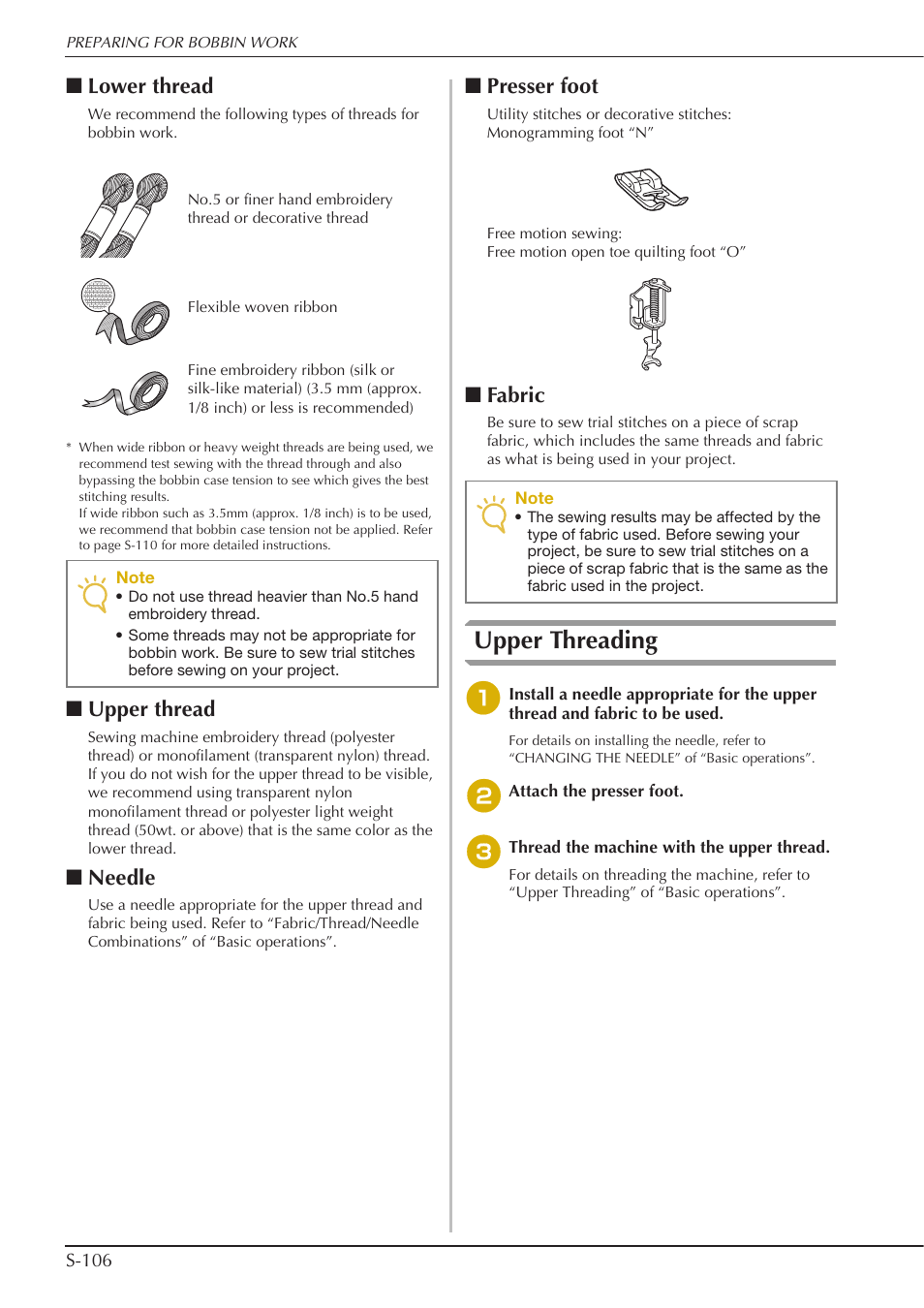 Upper threading, Lower thread, Upper thread | Needle, Presser foot, Fabric | Baby Lock Crescendo (BLCR) Instruction and Reference Guide User Manual | Page 180 / 216