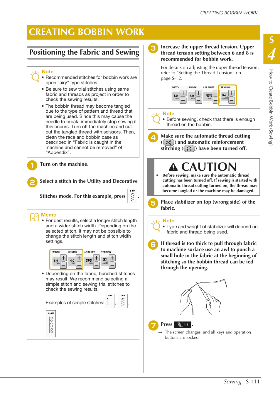 Caution, Creating bobbin work, Positioning the fabric and sewing | Baby Lock Crescendo (BLCR) Instruction and Reference Guide User Manual | Page 185 / 216