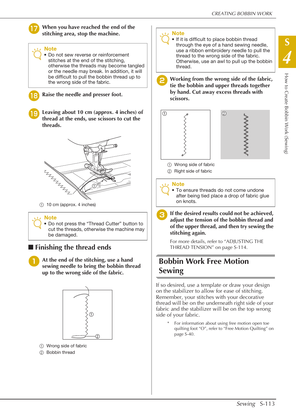 Bobbin work free motion sewing, Finishing the thread ends | Baby Lock Crescendo (BLCR) Instruction and Reference Guide User Manual | Page 187 / 216