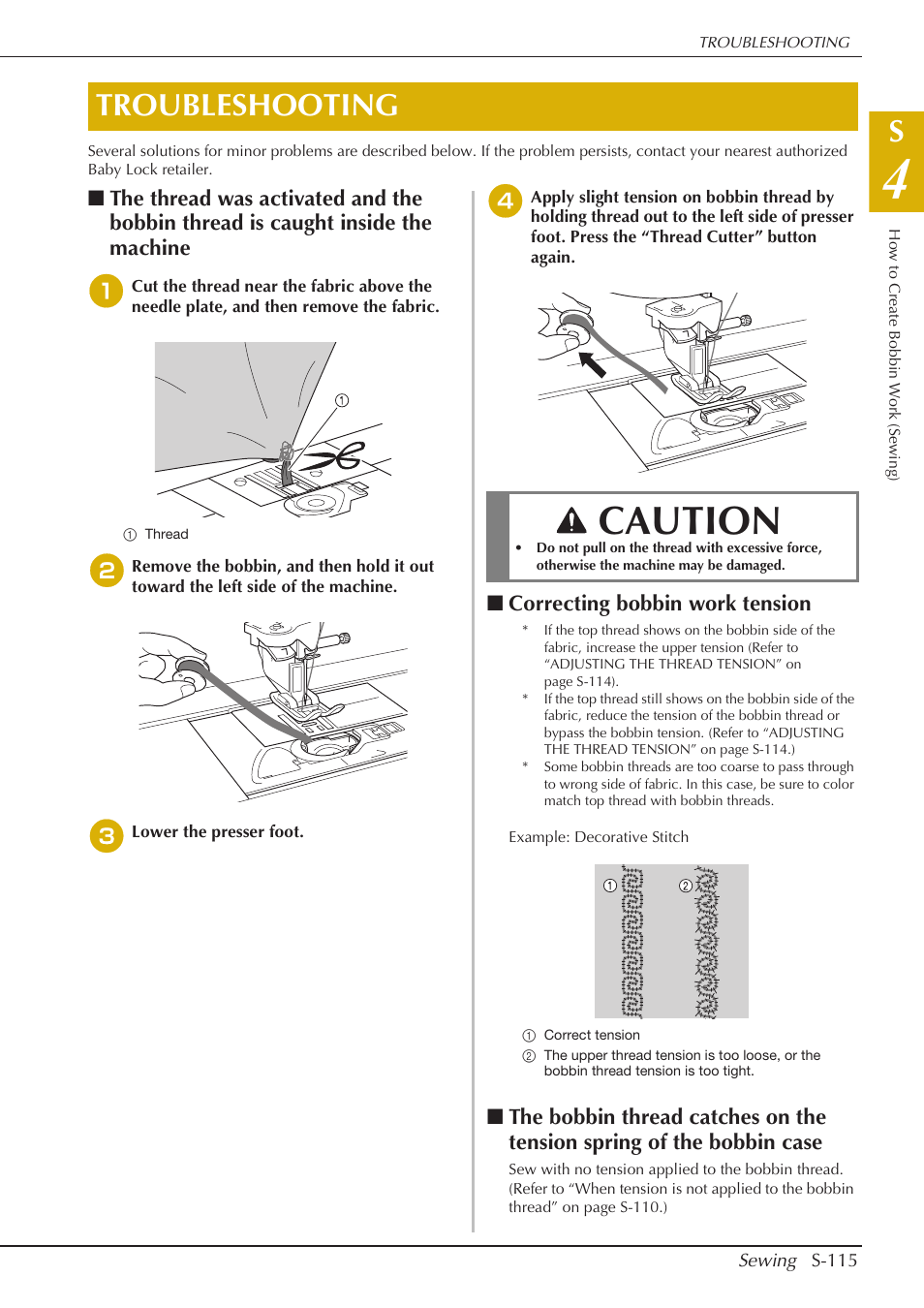 Caution, Troubleshooting, Correcting bobbin work tension | Baby Lock Crescendo (BLCR) Instruction and Reference Guide User Manual | Page 189 / 216