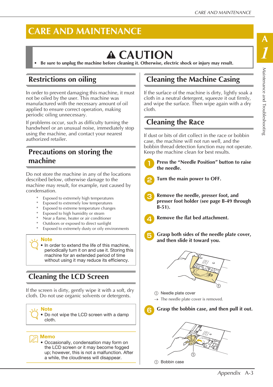 Caution, Care and maintenance, Restrictions on oiling | Precautions on storing the machine, Cleaning the lcd screen, Cleaning the machine casing, Cleaning the race | Baby Lock Crescendo (BLCR) Instruction and Reference Guide User Manual | Page 193 / 216