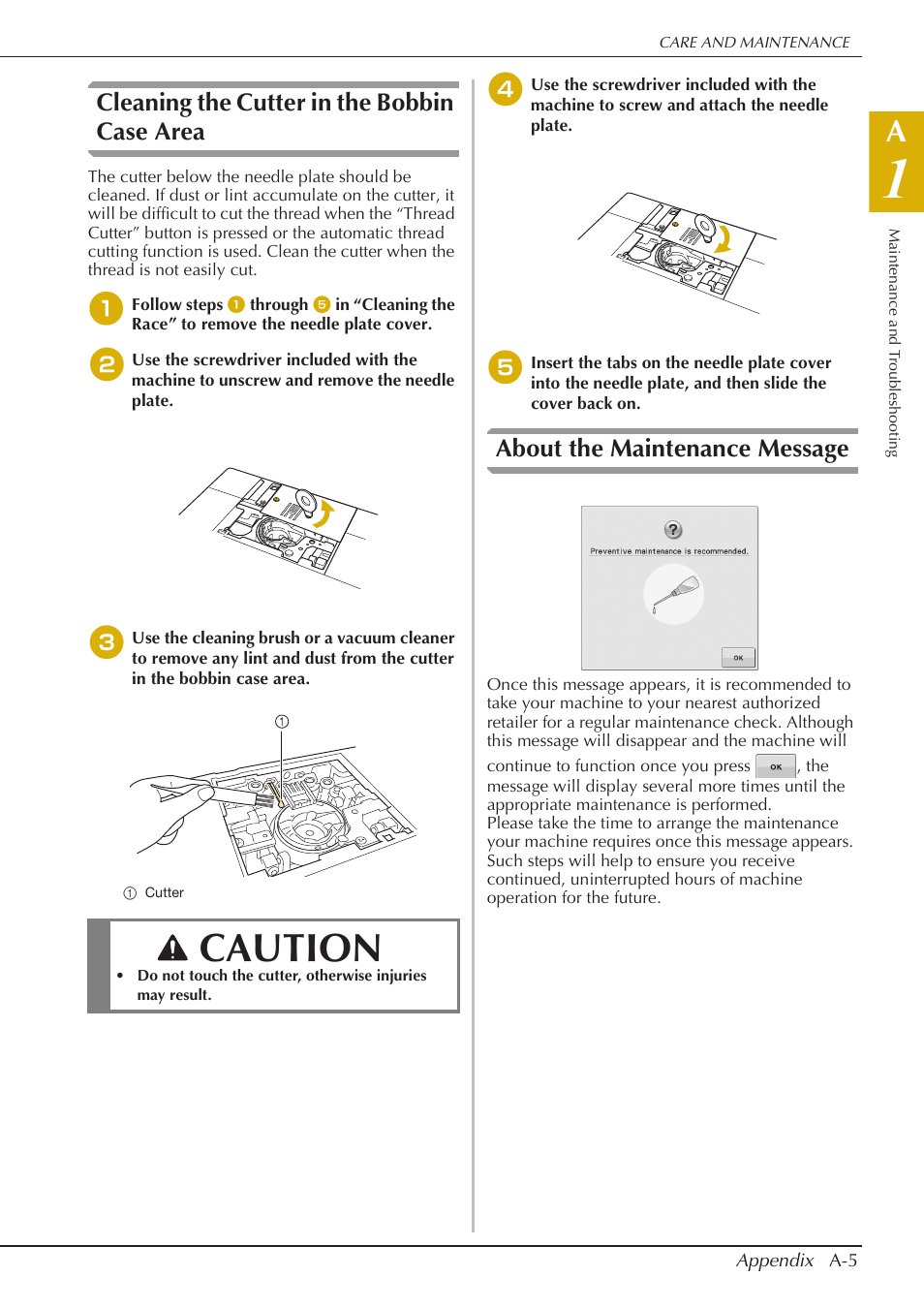 Caution, Cleaning the cutter in the bobbin case area, About the maintenance message | Baby Lock Crescendo (BLCR) Instruction and Reference Guide User Manual | Page 195 / 216