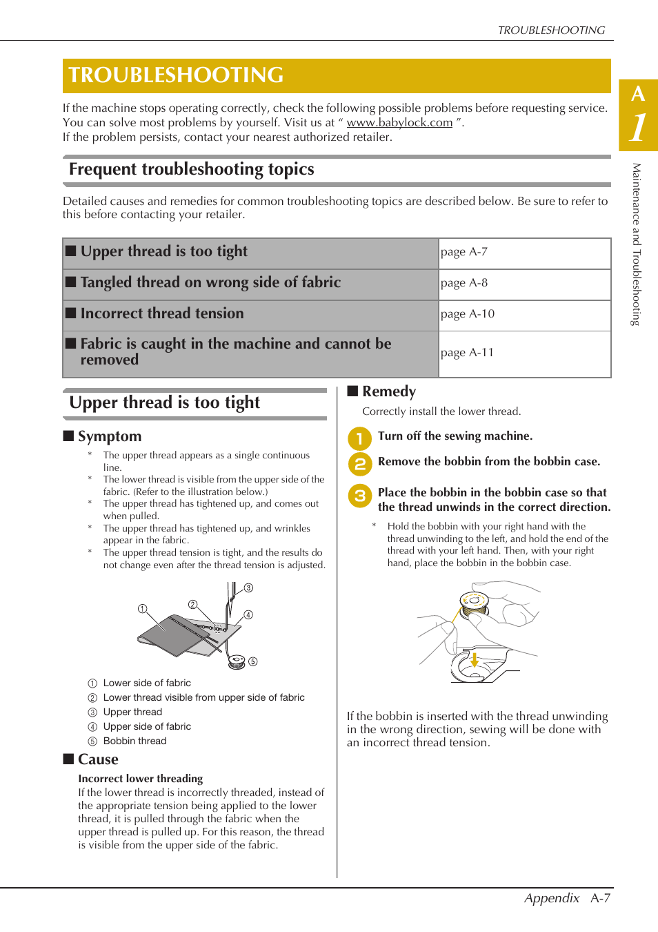 Troubleshooting, Frequent troubleshooting topics, Upper thread is too tight | Symptom, Cause, Remedy, Tangled thread on wrong side of fabric, Incorrect thread tension | Baby Lock Crescendo (BLCR) Instruction and Reference Guide User Manual | Page 197 / 216