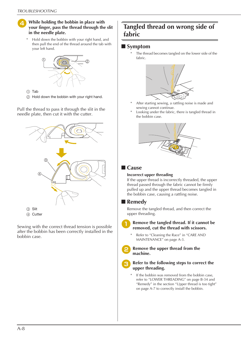 Tangled thread on wrong side of fabric, Symptom, Cause | Remedy | Baby Lock Crescendo (BLCR) Instruction and Reference Guide User Manual | Page 198 / 216