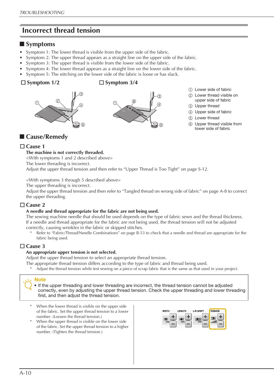 Incorrect thread tension, Symptoms, Cause/remedy | Baby Lock Crescendo (BLCR) Instruction and Reference Guide User Manual | Page 200 / 216