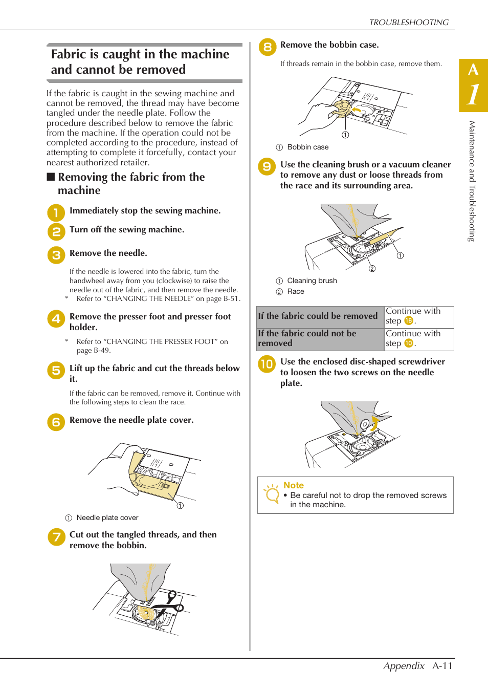 Removing the fabric from the machine | Baby Lock Crescendo (BLCR) Instruction and Reference Guide User Manual | Page 201 / 216