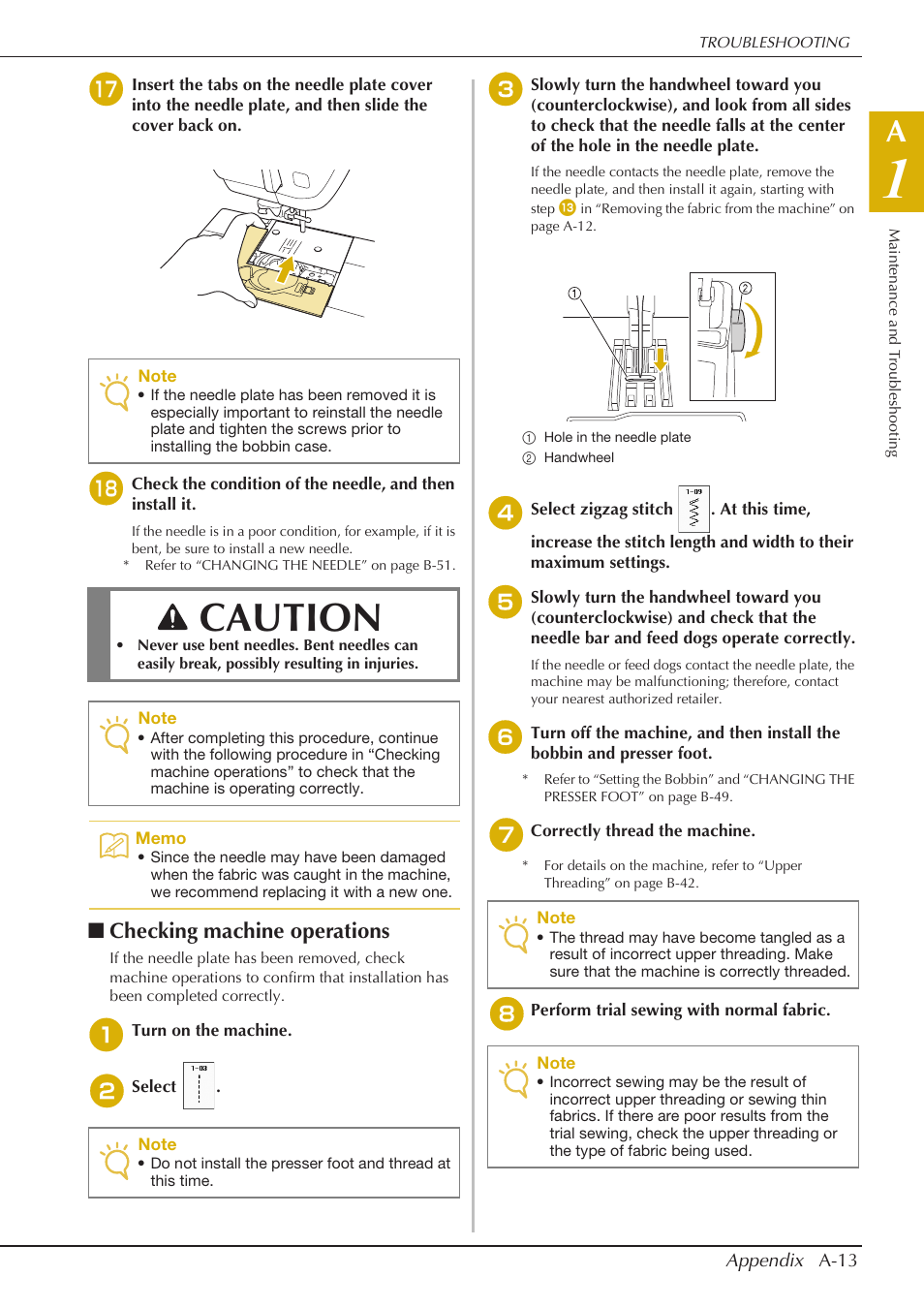 Caution, Checking machine operations | Baby Lock Crescendo (BLCR) Instruction and Reference Guide User Manual | Page 203 / 216
