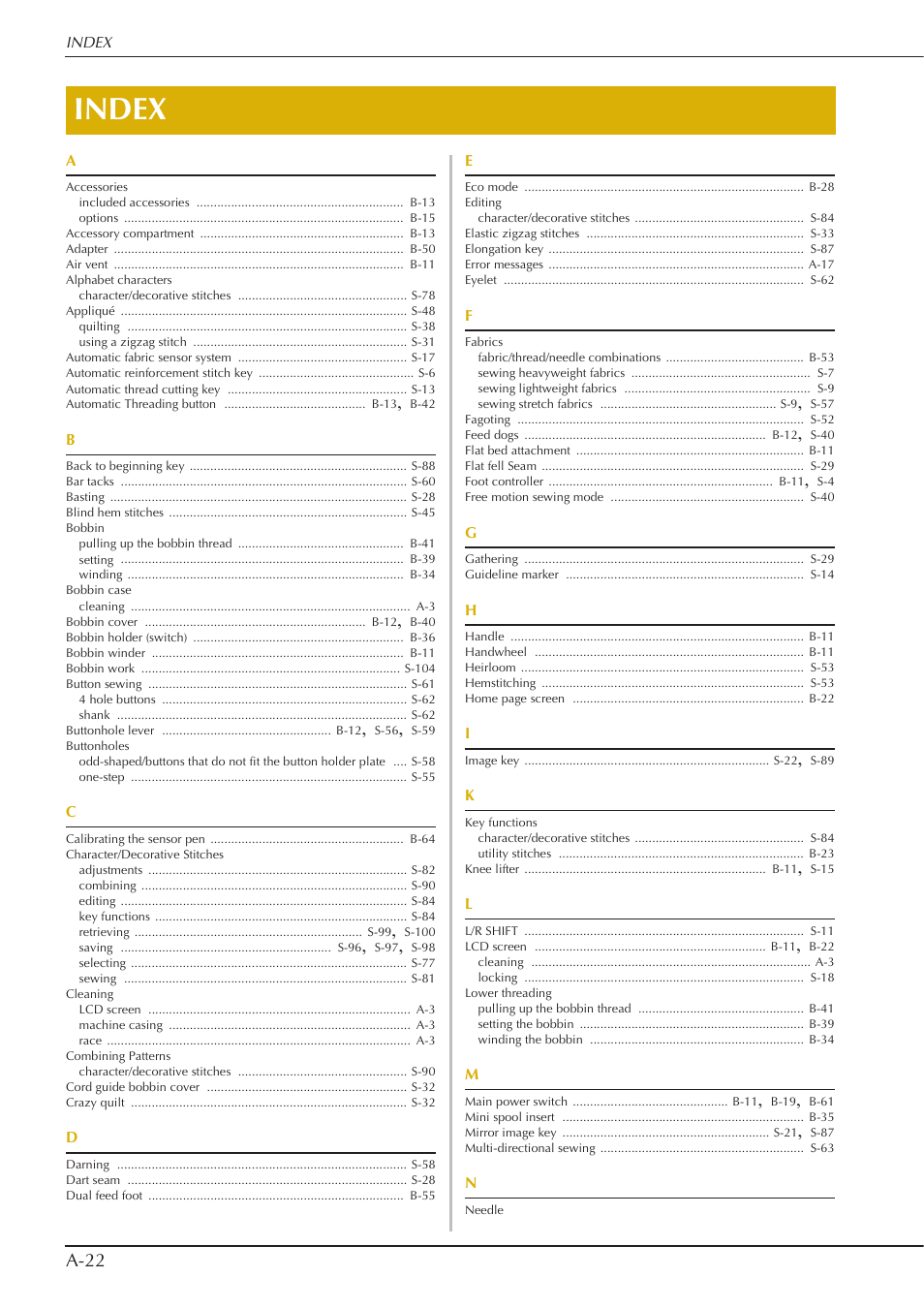 Index, A-22 | Baby Lock Crescendo (BLCR) Instruction and Reference Guide User Manual | Page 212 / 216