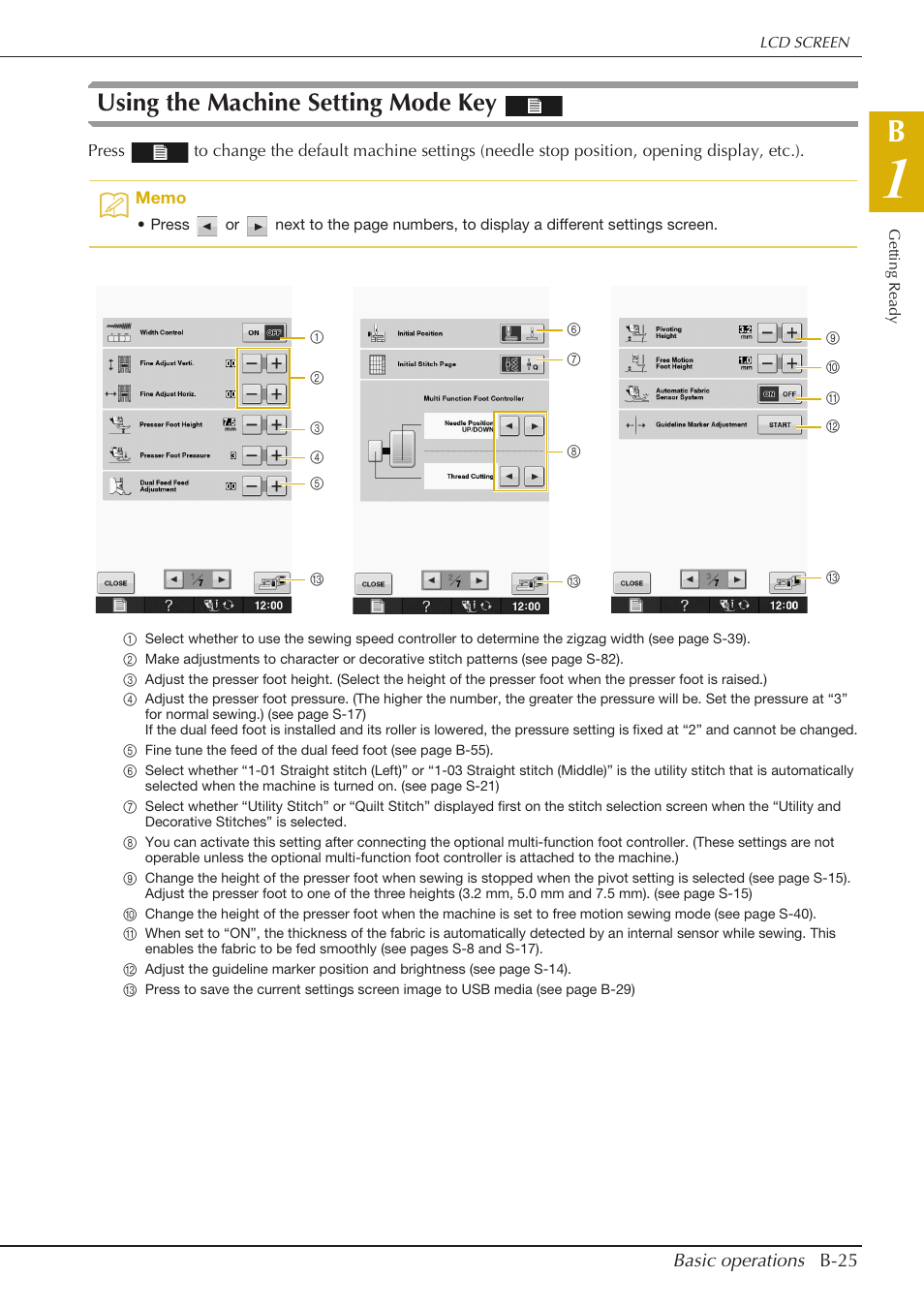 Using the machine setting mode key | Baby Lock Crescendo (BLCR) Instruction and Reference Guide User Manual | Page 27 / 216