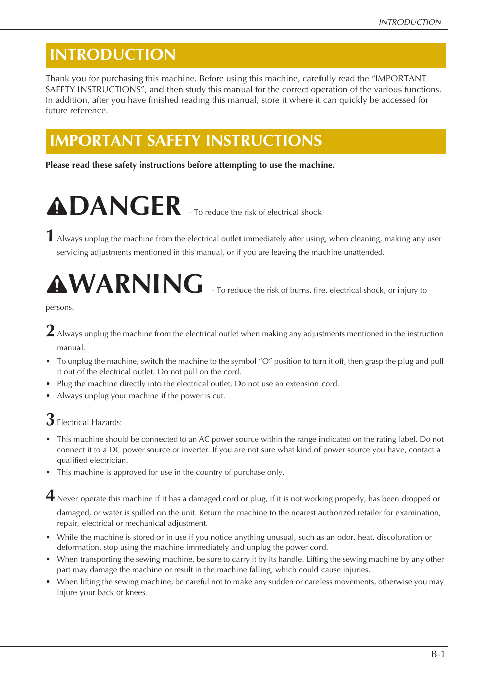 Danger, Warning, Introduction important safety instructions | Baby Lock Crescendo (BLCR) Instruction and Reference Guide User Manual | Page 3 / 216