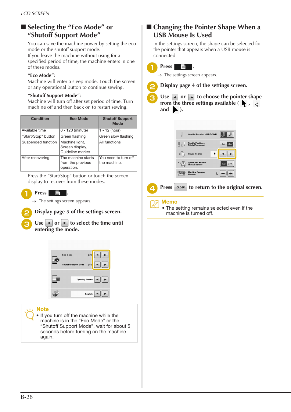Selecting the “eco mode” or “shutoff support mode, B-28 | Baby Lock Crescendo (BLCR) Instruction and Reference Guide User Manual | Page 30 / 216