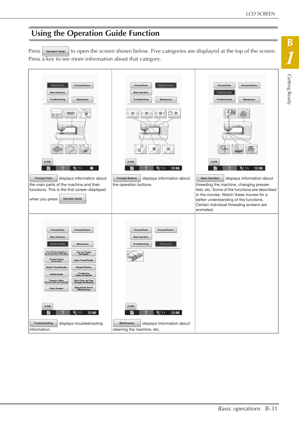 Using the operation guide function | Baby Lock Crescendo (BLCR) Instruction and Reference Guide User Manual | Page 33 / 216