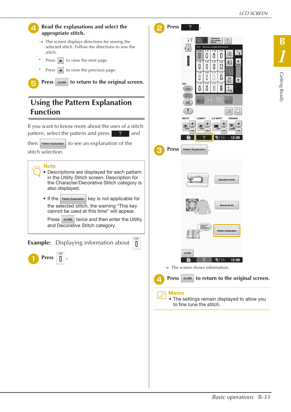 Using the pattern explanation function | Baby Lock Crescendo (BLCR) Instruction and Reference Guide User Manual | Page 35 / 216