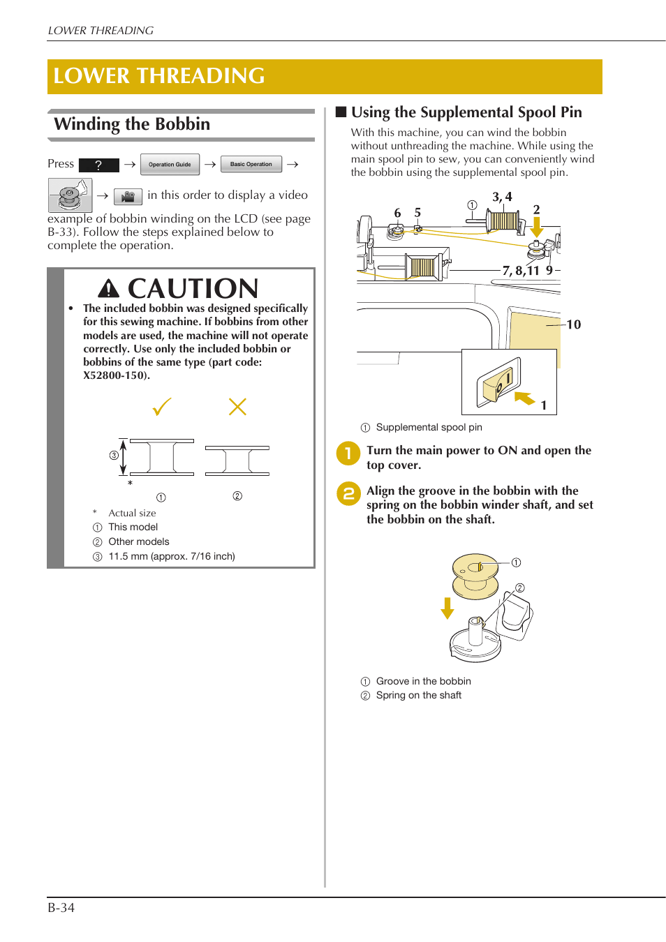 Caution, Lower threading, Winding the bobbin | Using the supplemental spool pin | Baby Lock Crescendo (BLCR) Instruction and Reference Guide User Manual | Page 36 / 216