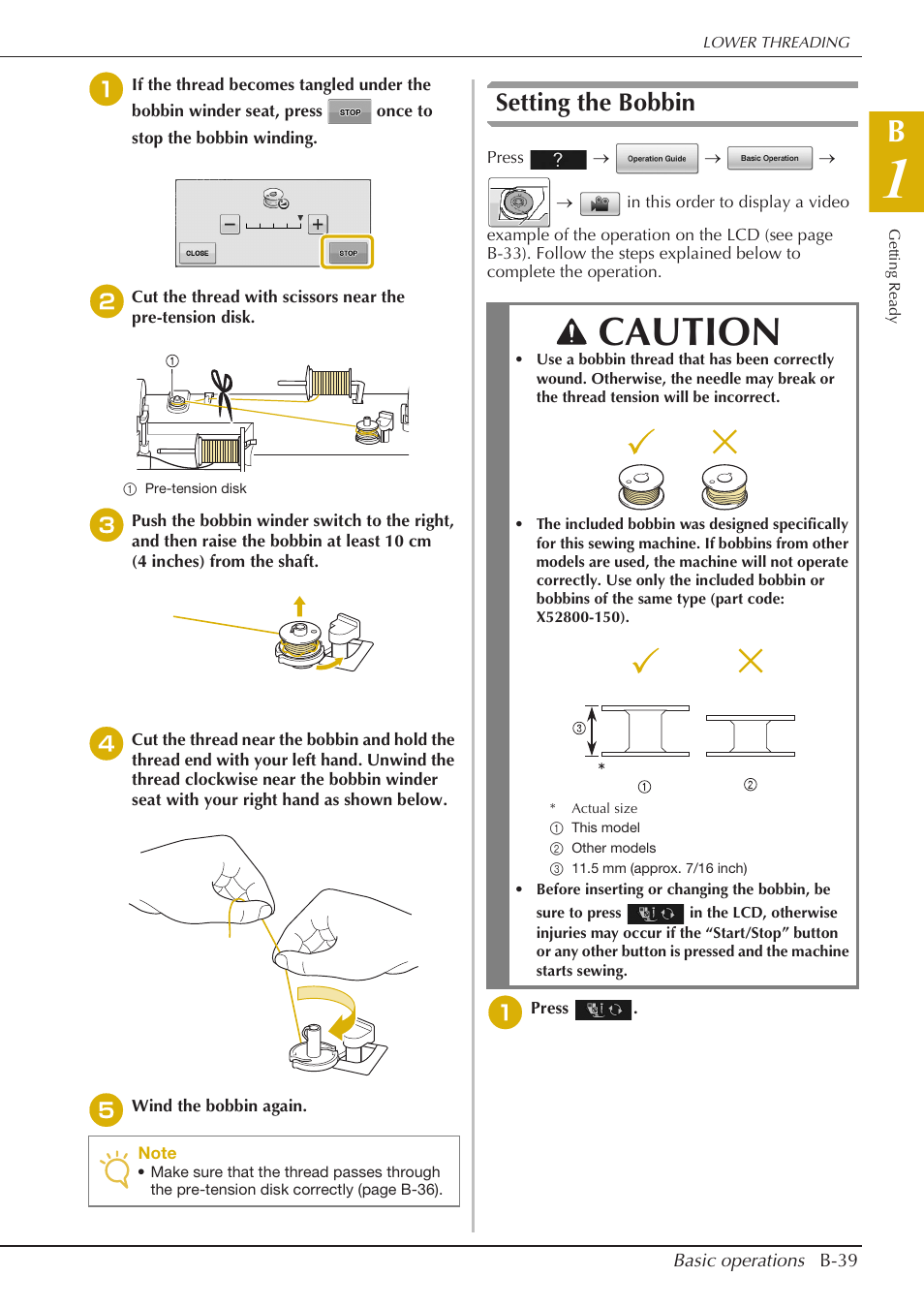 Caution, Setting the bobbin | Baby Lock Crescendo (BLCR) Instruction and Reference Guide User Manual | Page 41 / 216