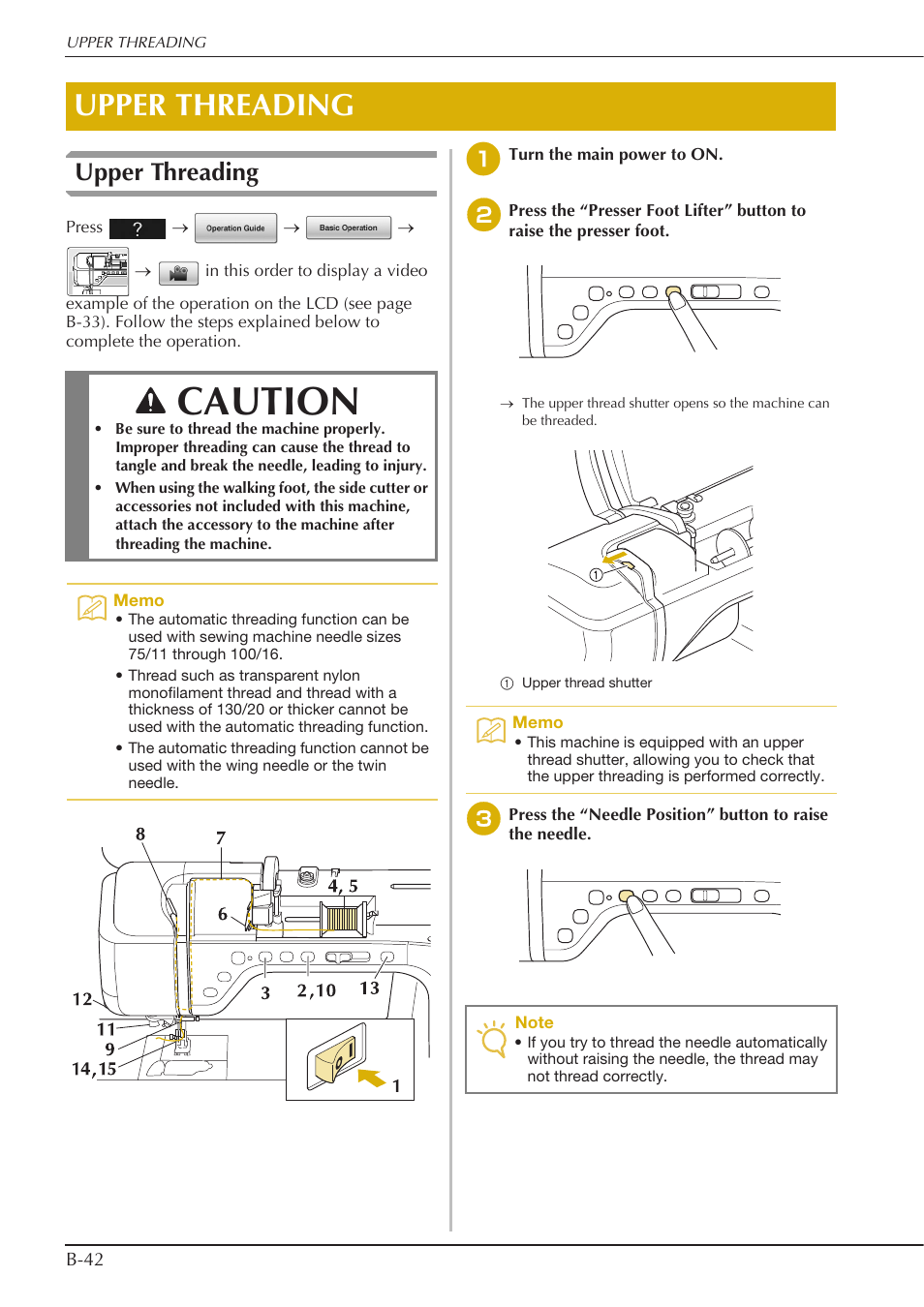Caution, Upper threading | Baby Lock Crescendo (BLCR) Instruction and Reference Guide User Manual | Page 44 / 216