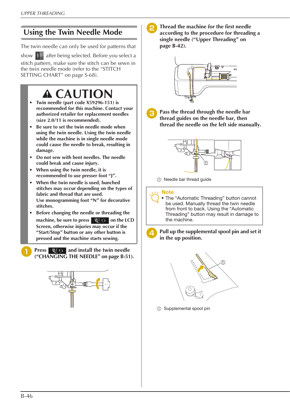 Caution, Using the twin needle mode | Baby Lock Crescendo (BLCR) Instruction and Reference Guide User Manual | Page 48 / 216