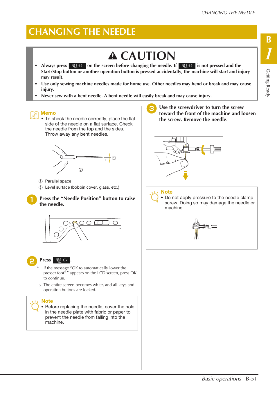 Caution, Changing the needle | Baby Lock Crescendo (BLCR) Instruction and Reference Guide User Manual | Page 53 / 216