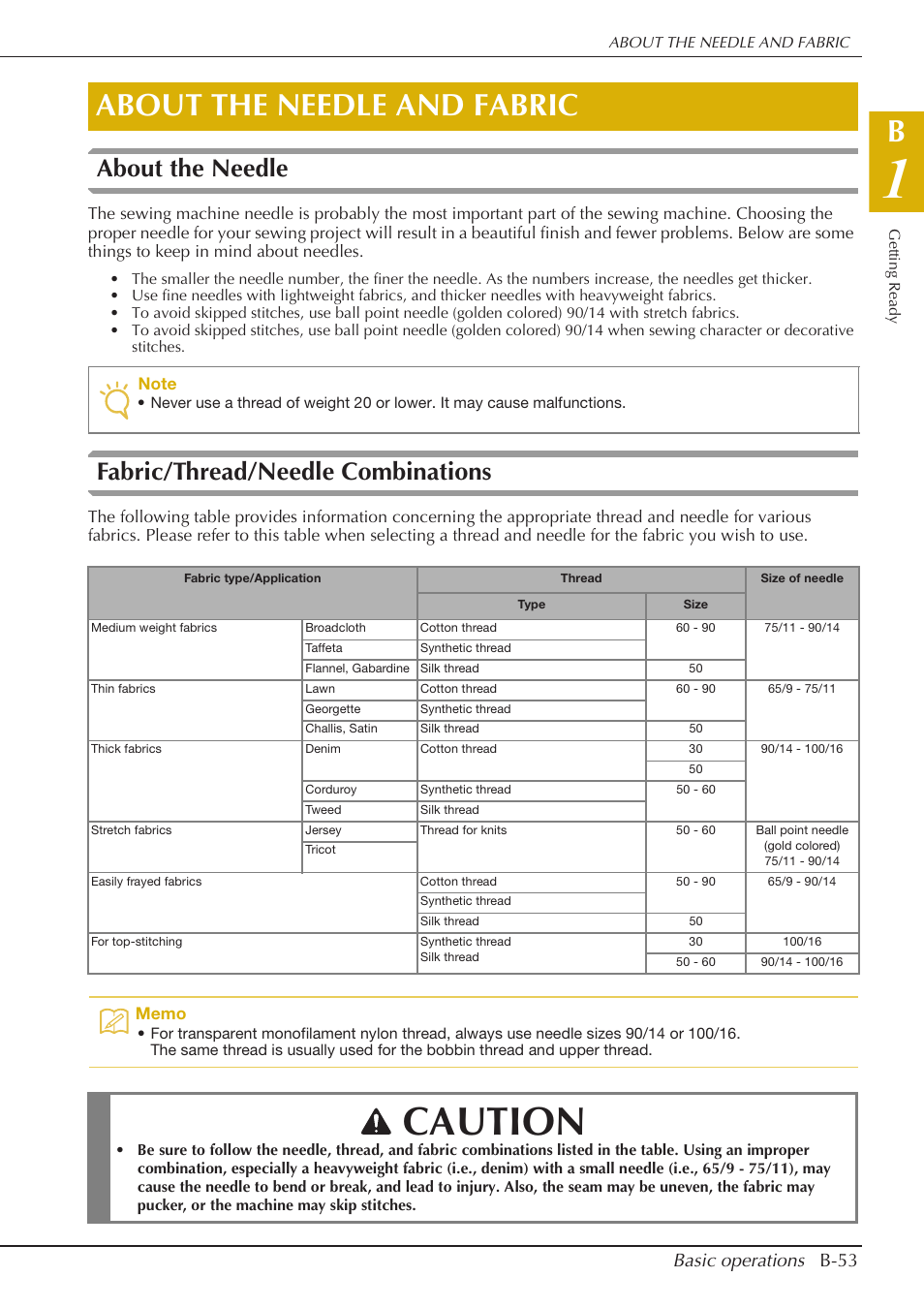 Caution, About the needle and fabric, About the needle | Fabric/thread/needle combinations, Basic operations b-53 | Baby Lock Crescendo (BLCR) Instruction and Reference Guide User Manual | Page 55 / 216