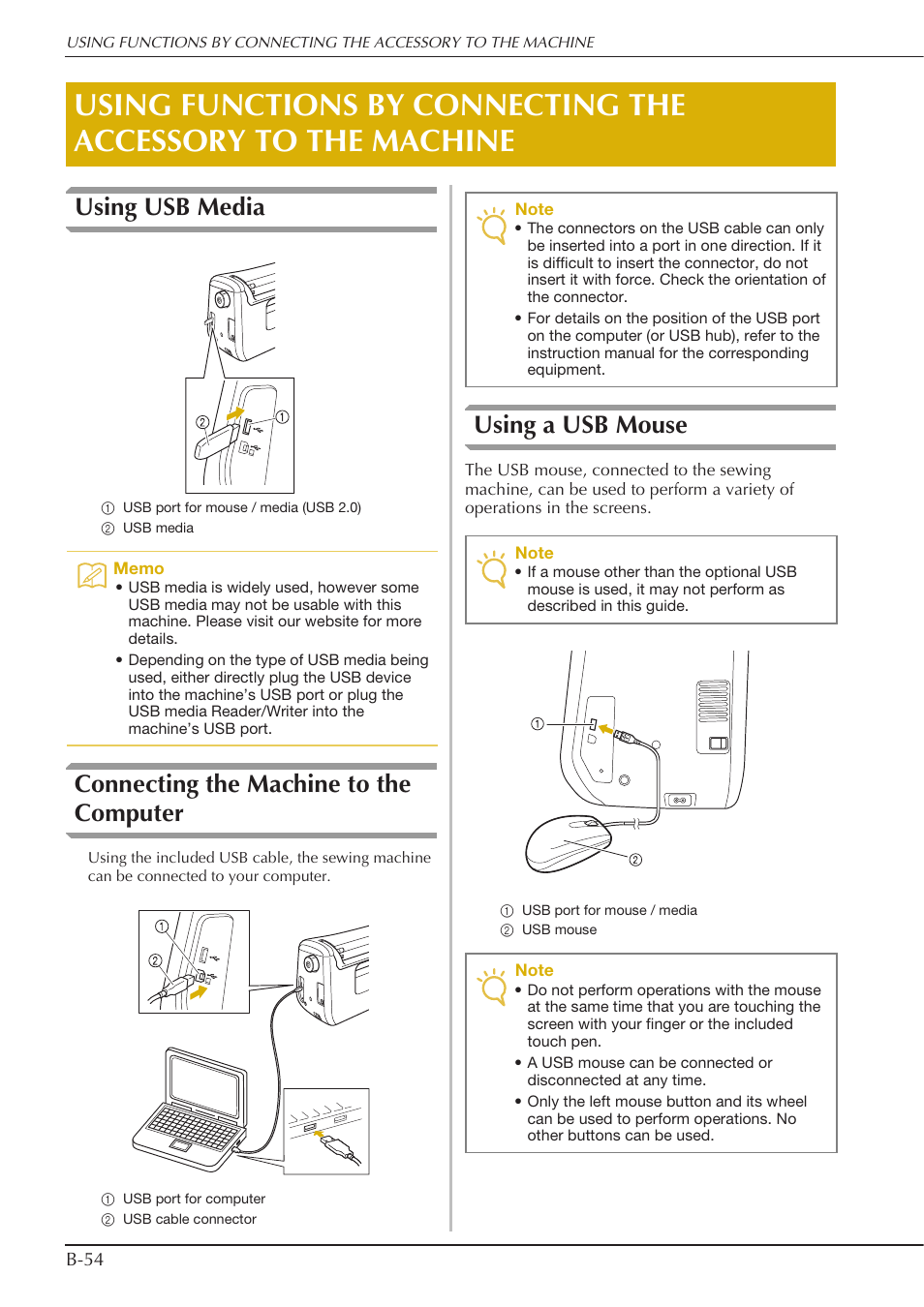 Using usb media, Connecting the machine to the computer, Using a usb mouse | Baby Lock Crescendo (BLCR) Instruction and Reference Guide User Manual | Page 56 / 216