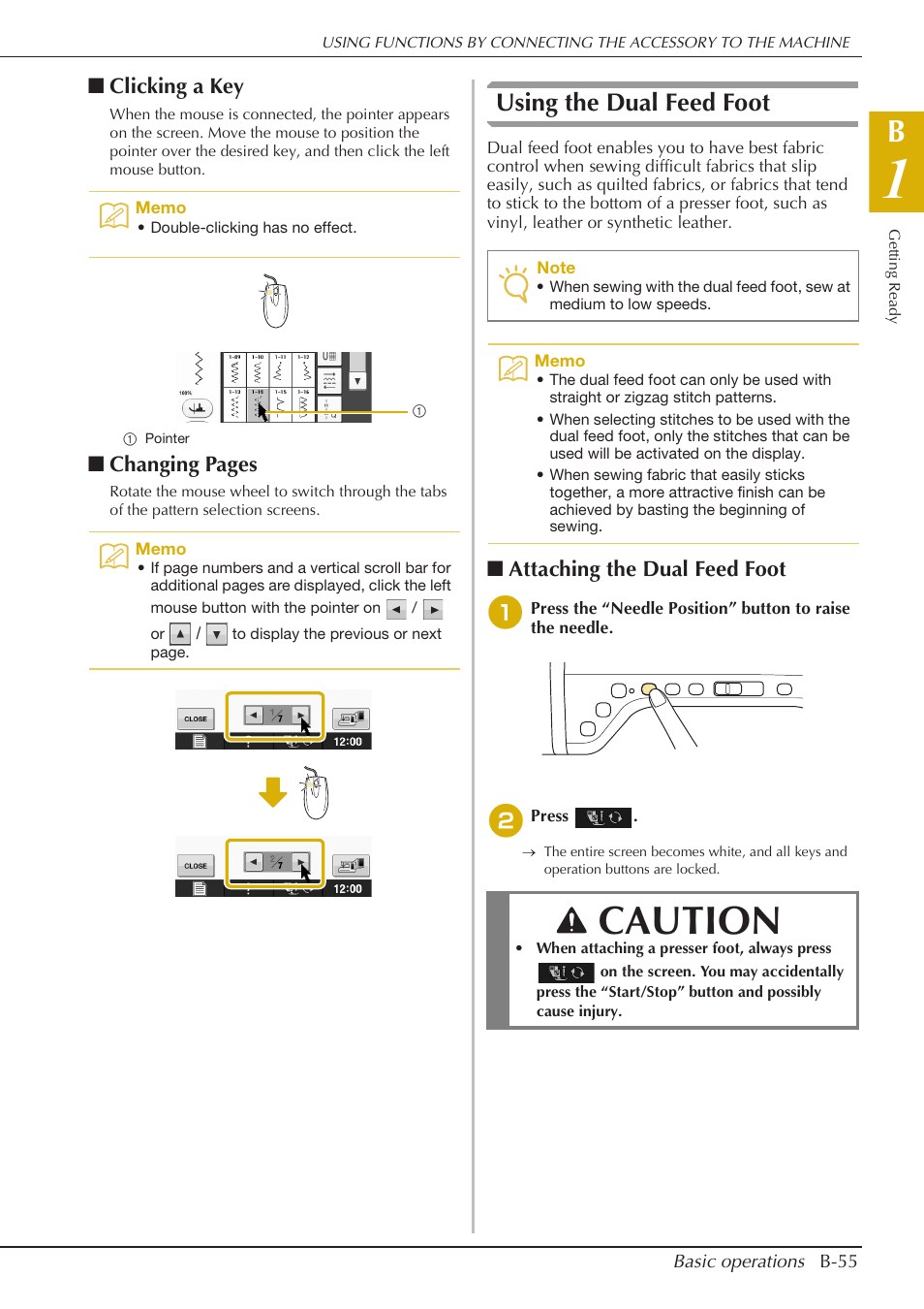 Caution, Using the dual feed foot, Clicking a key | Changing pages, Attaching the dual feed foot | Baby Lock Crescendo (BLCR) Instruction and Reference Guide User Manual | Page 57 / 216