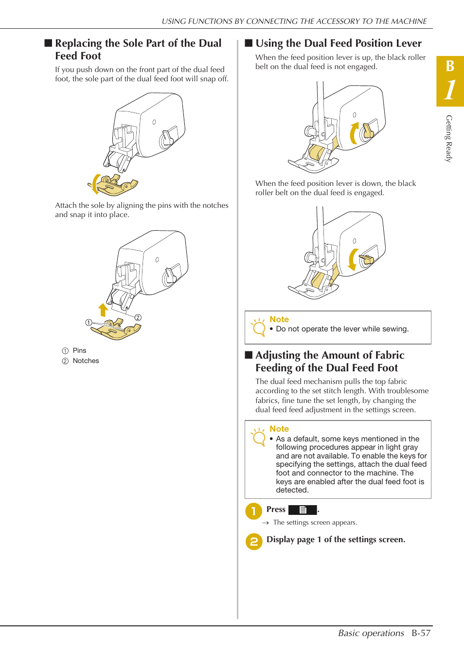Replacing the sole part of the dual feed foot, Using the dual feed position lever | Baby Lock Crescendo (BLCR) Instruction and Reference Guide User Manual | Page 59 / 216