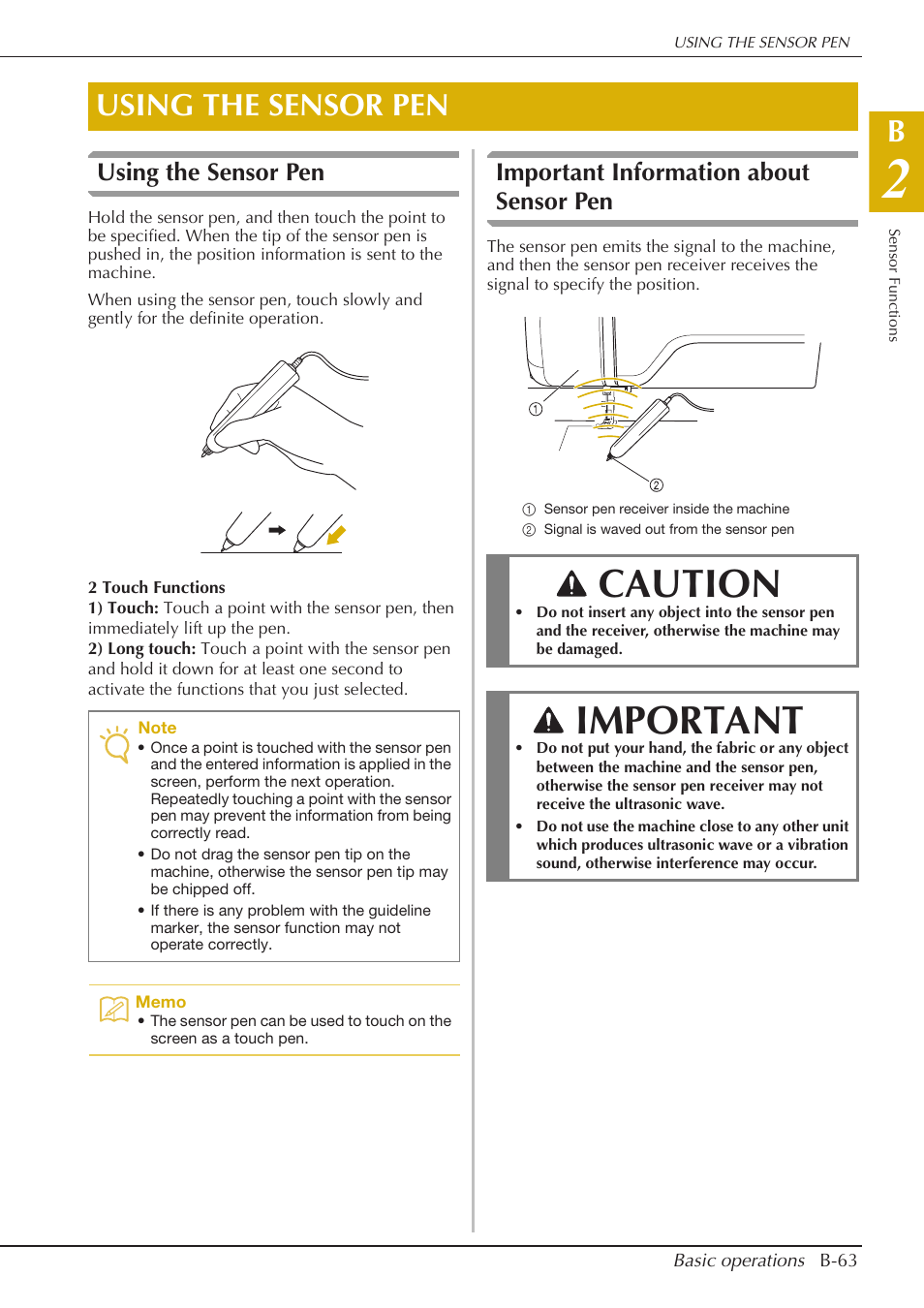 Caution, Important, Using the sensor pen | Important information about sensor pen | Baby Lock Crescendo (BLCR) Instruction and Reference Guide User Manual | Page 65 / 216
