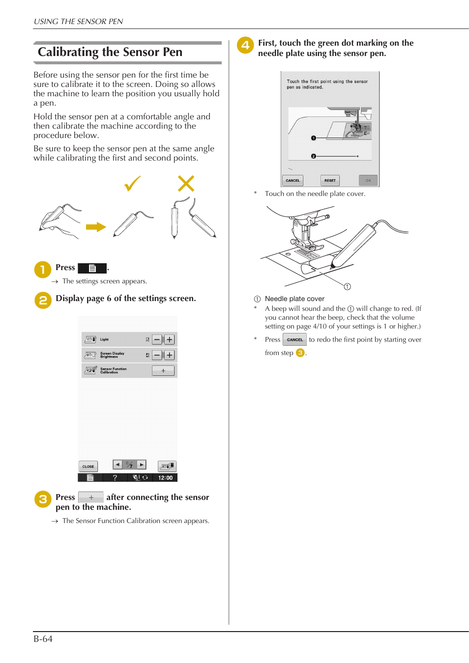 Calibrating the sensor pen, B-64 | Baby Lock Crescendo (BLCR) Instruction and Reference Guide User Manual | Page 66 / 216