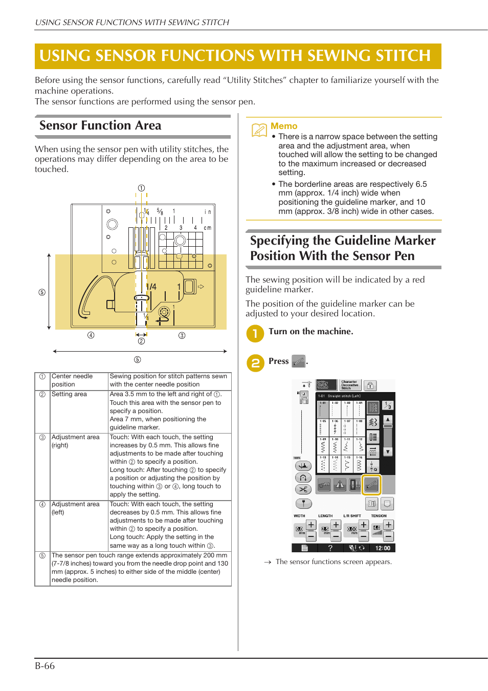 Using sensor functions with sewing stitch, Sensor function area, B-66 | Baby Lock Crescendo (BLCR) Instruction and Reference Guide User Manual | Page 68 / 216