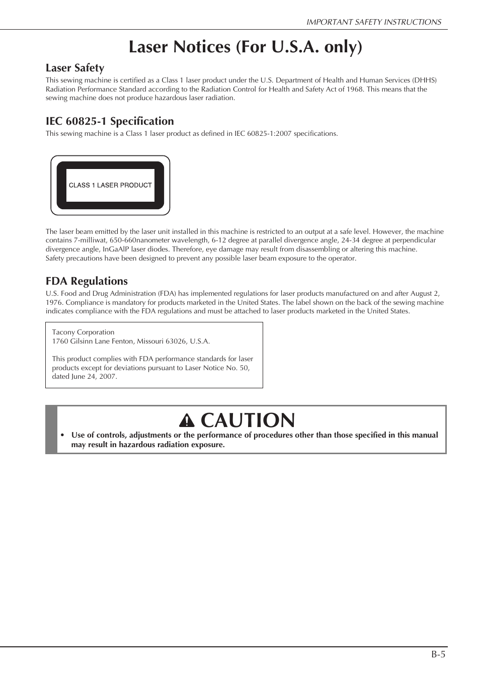 Caution, Laser notices (for u.s.a. only) | Baby Lock Crescendo (BLCR) Instruction and Reference Guide User Manual | Page 7 / 216