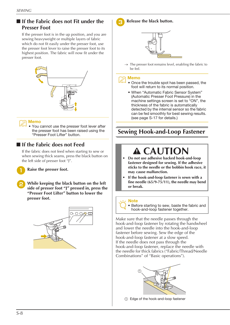 Caution, Sewing hook-and-loop fastener, If the fabric does not fit under the presser foot | If the fabric does not feed | Baby Lock Crescendo (BLCR) Instruction and Reference Guide User Manual | Page 82 / 216