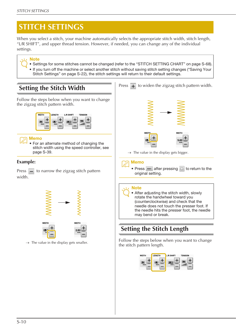 Stitch settings, Setting the stitch width, Setting the stitch length | Baby Lock Crescendo (BLCR) Instruction and Reference Guide User Manual | Page 84 / 216